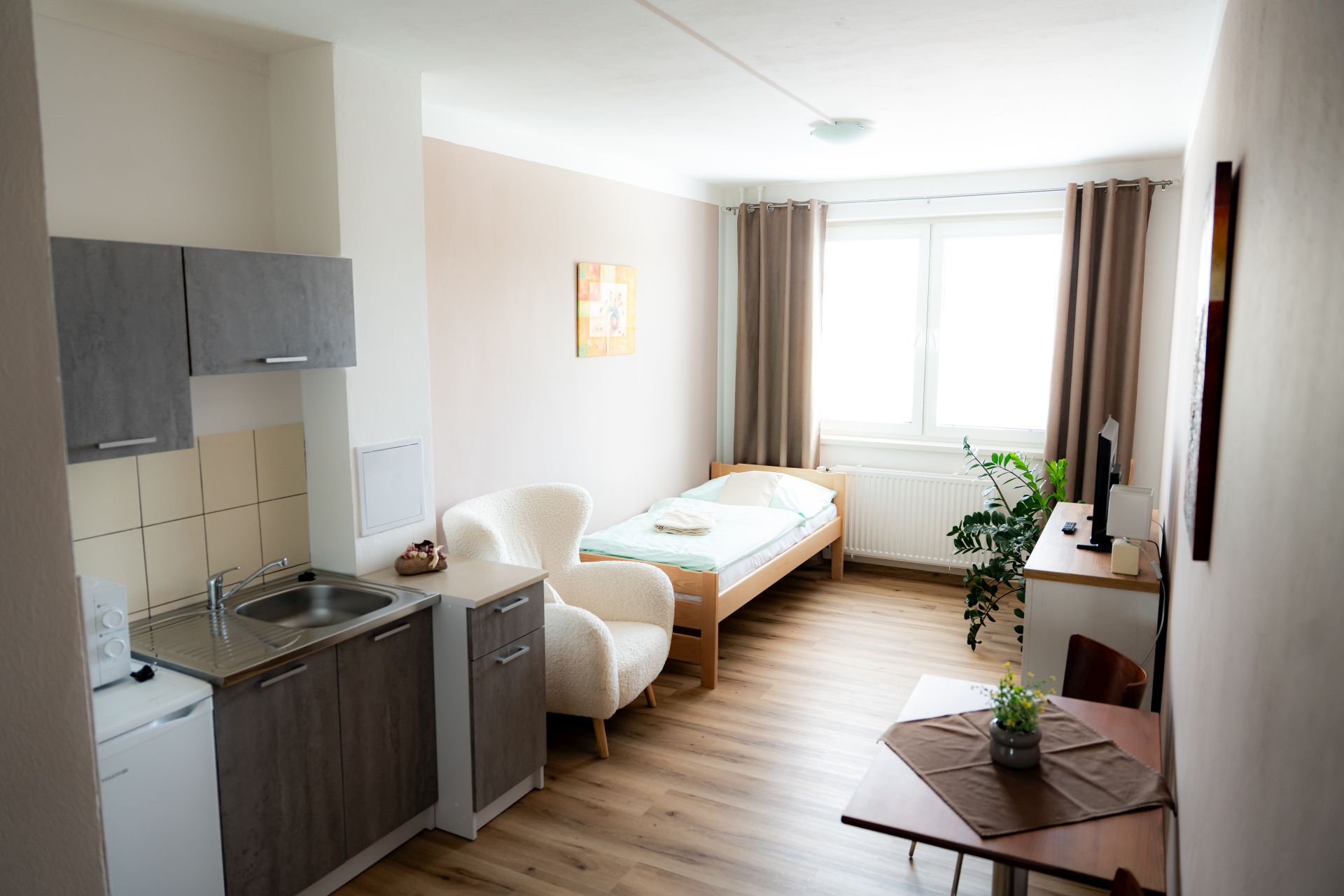 front view of room with kitchenette