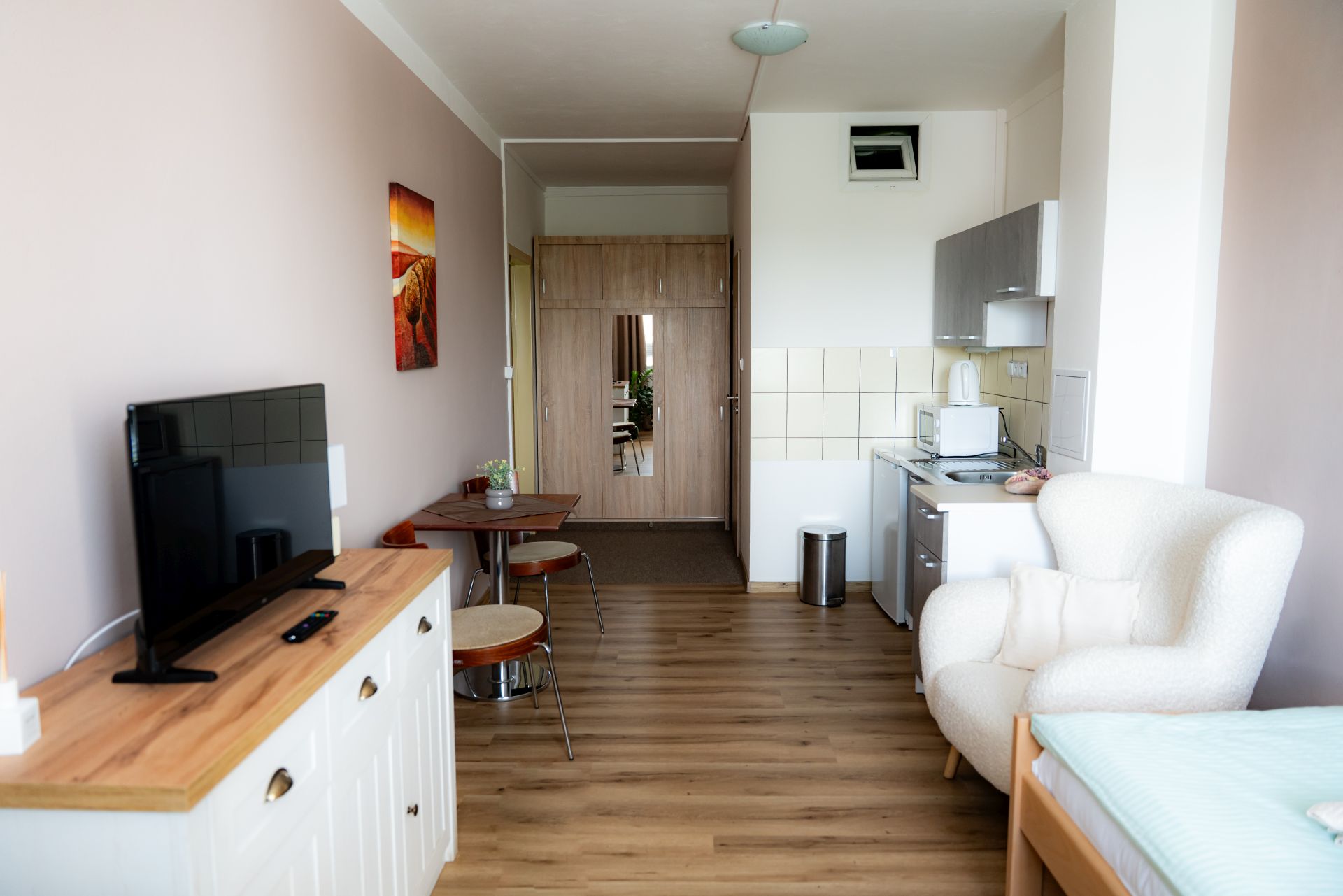 rear view of room with kitchenette